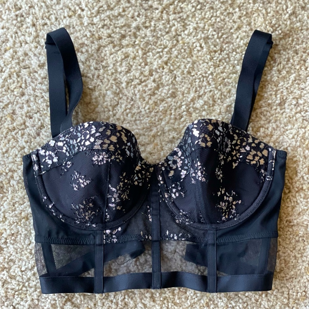 Victoria’s Secret Black Silver Shine Lace Long Bra